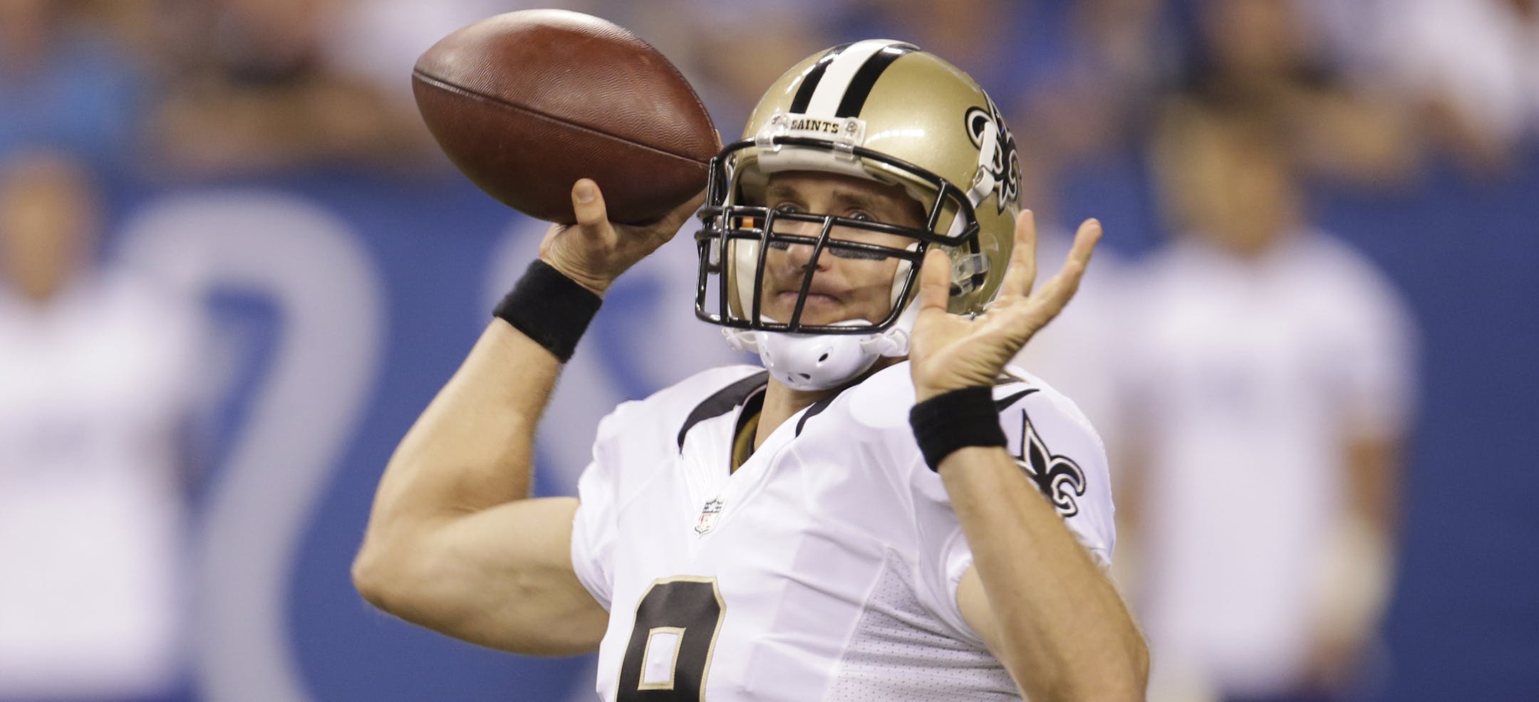 New Orleans Saints quarterback Drew Brees throws against the Indianapolis Colts during the first half of an NFL preseason football game in Indianapolis, Saturday, Aug. 23, 2014. (AP Photo/AJ Mast)