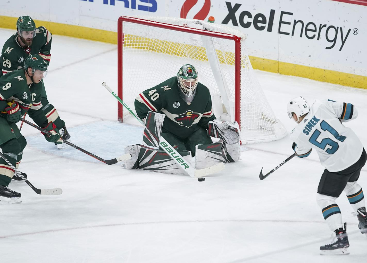 Minnesota Wild goaltender Devan Dubnyk (40) stopped a third period shot by San Jose Sharks defenseman Radim Simek (51). ] JEFF WHEELER &#x2022; jeff.wheeler@startribune.com The Minnesota Wild were shut out by the San Jose Sharks 4-0 in an NHL hockey game Tuesday night, December 18, 2018 at Xcel Energy Center in in St. Paul.