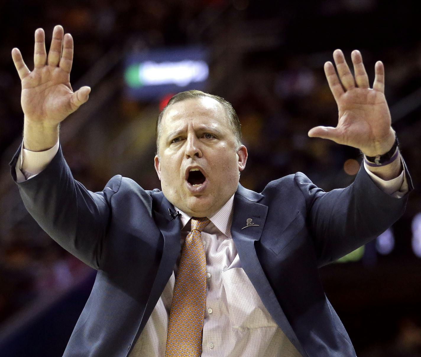 FILE - In this April 5, 2015, file photo, Chicago Bulls head coach Tom Thibodeau directs his players during the fourth quarter of an NBA basketball game against the Cleveland Cavaliers in Cleveland. A person with knowledge of the situation tells The Associated Press Wednesday, April 20, 2016, that the Minnesota Timberwolves have opened negotiations with the former Bulls coach to be the team's new coach and president of basketball operations. (AP Photo/Tony Dejak, File)