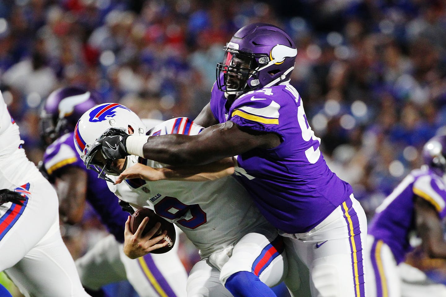 Vikings defensive tackle Jaleel Johnson sacked Bills quarterback T.J. Yates in the preseason opener Aug. 10. Johnson had five tackles on running plays the next week against Seattle.