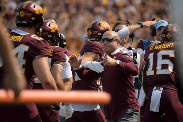Minnesota Gophers head coach P.J. Fleck celebrated a second quarter touchdown with his team on Saturday.