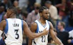 Minnesota Timberwolves guard Kris Dunn (3) consoled Andrew Wiggins (22) after he missed the last shot of the game giving OKC a 100-98 win at Target Ce