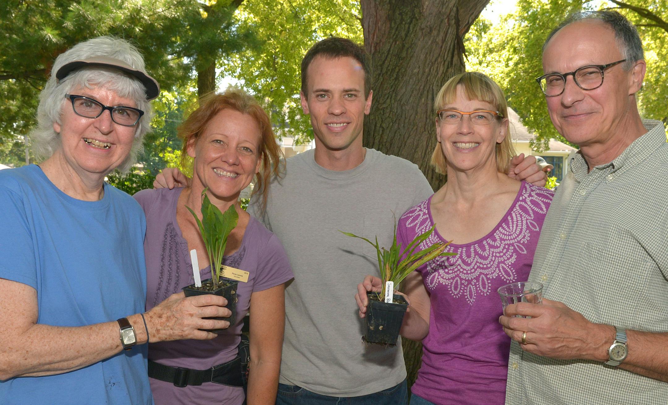 From left, Dharma Field Zen Center volunteers, Liz Anderson, Fiona Jo Lennox, Jed Larson, Elaine Tecklenburg and Jose Palmieri. ] (SPECIAL TO THE STAR TRIBUNE/BRE McGEE) **Liz Anderson (left, blue), Fiona Jo Lennox (center left, purple), Jed Larson (center, gray), Elaine Tecklenburg (center right, purple), Jose Palmieri (right, gray)