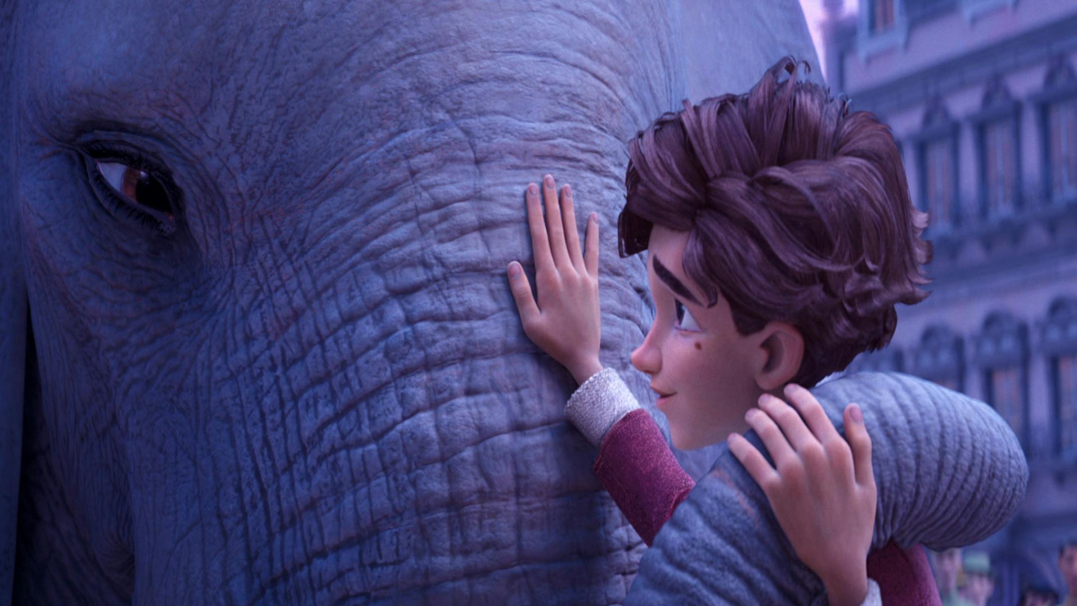 Animated image of boy touching face of elephant in "The Magician's Elephant."
