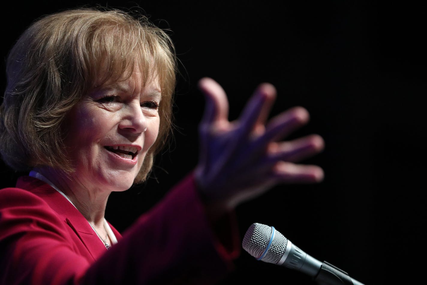 U.S. Sen. Tina Smith spoke at the DFL State Convention in June. Smith has gotten behind a land swap to accomodate construction of a copper-nickel mine on Minnesota's Iron Range. ] ANTHONY SOUFFLE &#xef; anthony.souffle@startribune.com Democrats from around the state gathered for the DFL State Convention to choose their party's nominees Friday, June 1, 2018 at the Mayo Civic Center in Rochester, Minn.