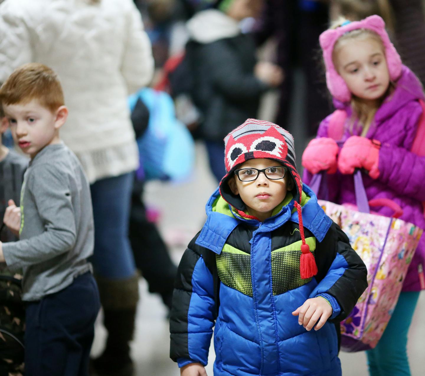 Jaylen Savage walked the hallway with other kindergartens at the start of school at Wilson Elementary School Monday morning Feb 22, 2016 in Anoka, MN. ] Jerry Holt/Jerry.Holt@Startribune.com