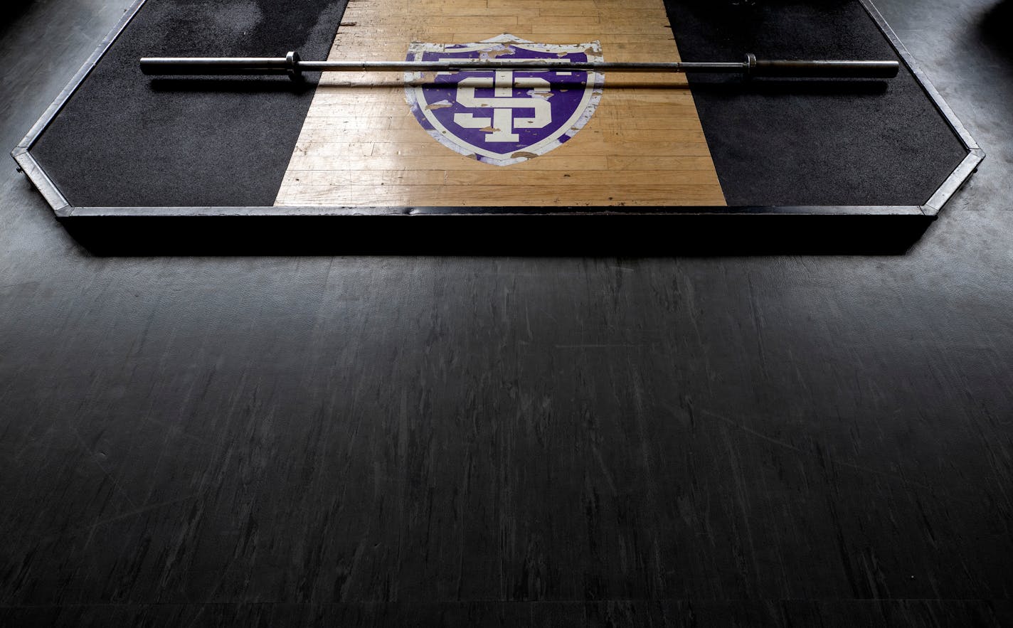 An unused barbell in the gym at the Anderson Athletic &amp; Recreation Complex at the University of St. Thomas.