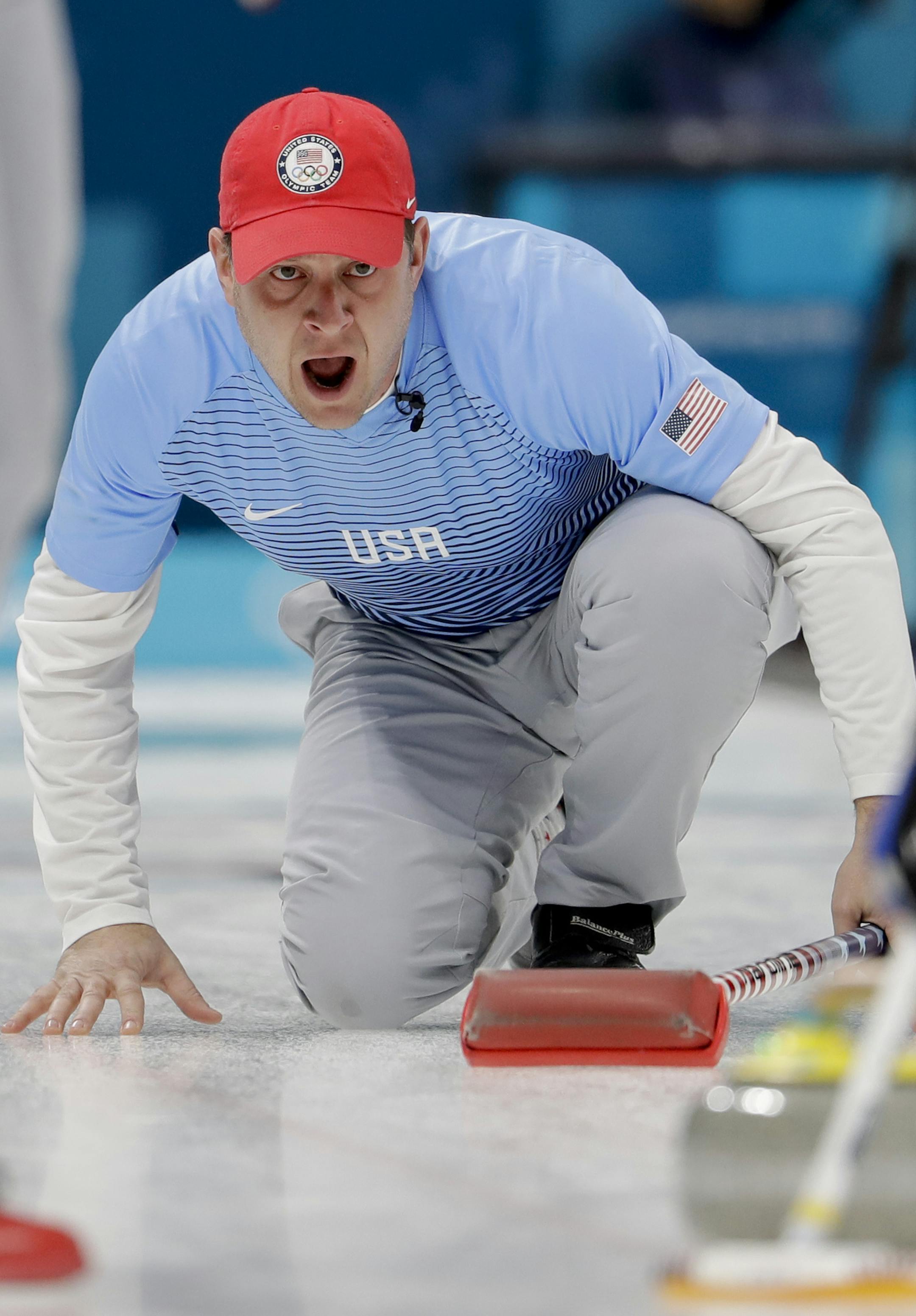 United States's skip John Shuster makes a call during a men's curling match against Switzerland at the 2018 Winter Olympics in Gangneung, South Korea, Tuesday, Feb. 20, 2018. (AP Photo/Natacha Pisarenko)