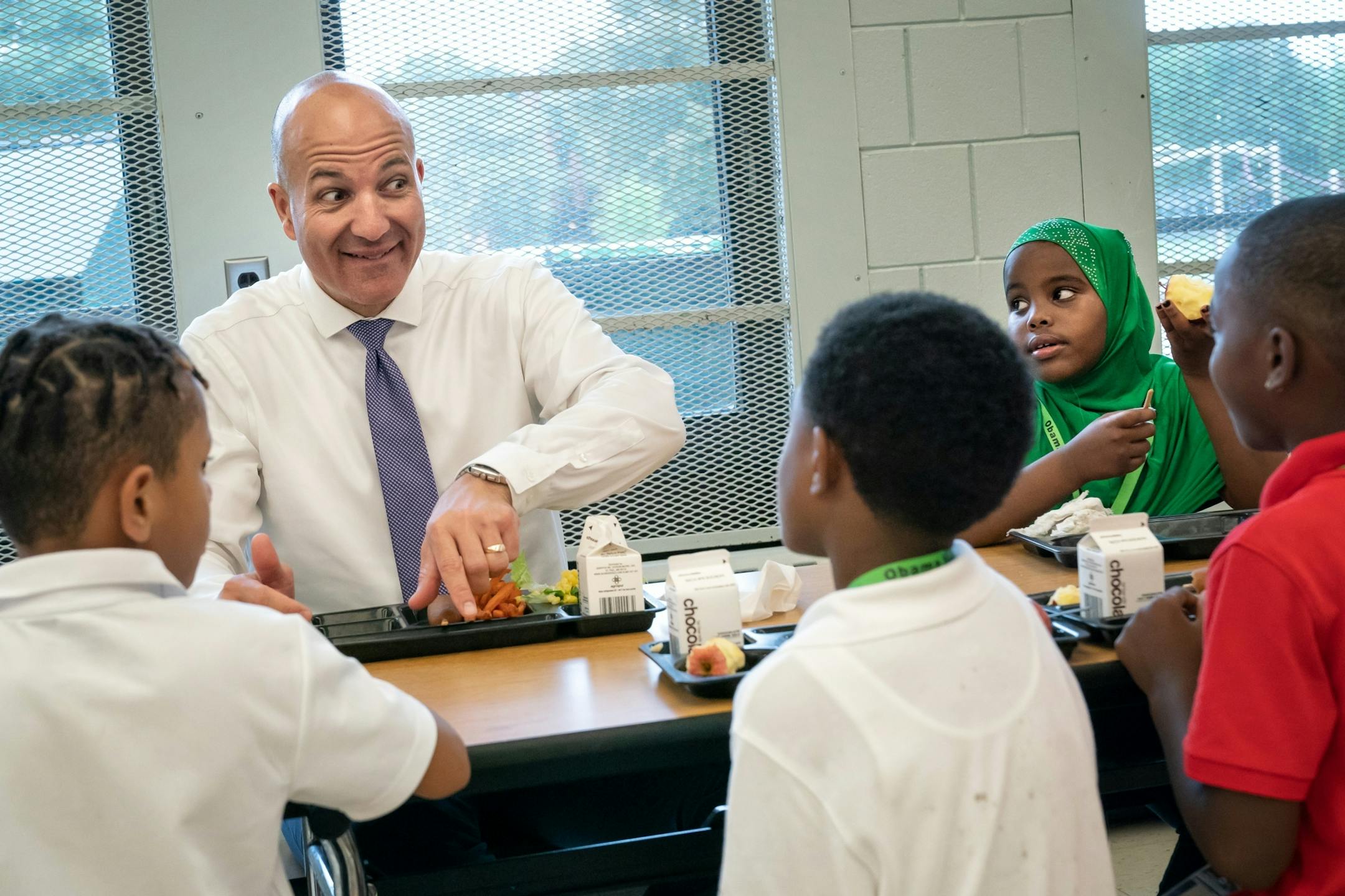 Superintendent Joe Gothard had lunch with kids at Obama Elementary in St. Paul on the first day of school.