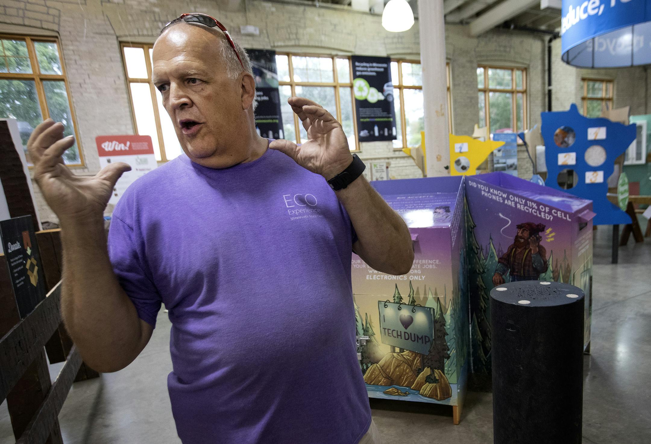 Wayne Gjerde spoke about the dock pilings made of recycled materials which on display in the Eco-Experience building at the Minnesota State Fair. ] CARLOS GONZALEZ &#xef; cgonzalez@startribune.com - August 20, 2017, Flacon Heights, MN, At State Fair - MN Pollution Control Agency's showcases latest MN products manufactured from recycled trash in state fair's Eco-Experience building. Master Mark in Paynesville launches new flooring tiles made from old milk jugs. Bedford Technologies in Worthington