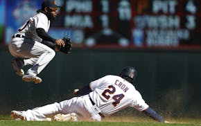 2B Ronny Rodriguez(60) gets rid of the ball to toss out Mitch Garver as C.J. Cron slides late into 2nd base in the 7th inning.