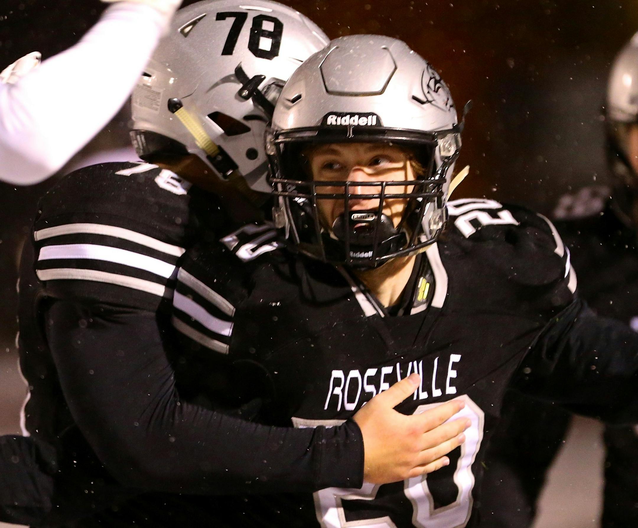 Roseville senior Max Sandin celebrates his 63-yard touchdown run and the only score of the game for either team in the Raiders 7-0 victory over Farmington in class 6A playoff action at Roseville HS on Friday, October 27th. Photo by Brian W Nelson - SportsEngine
