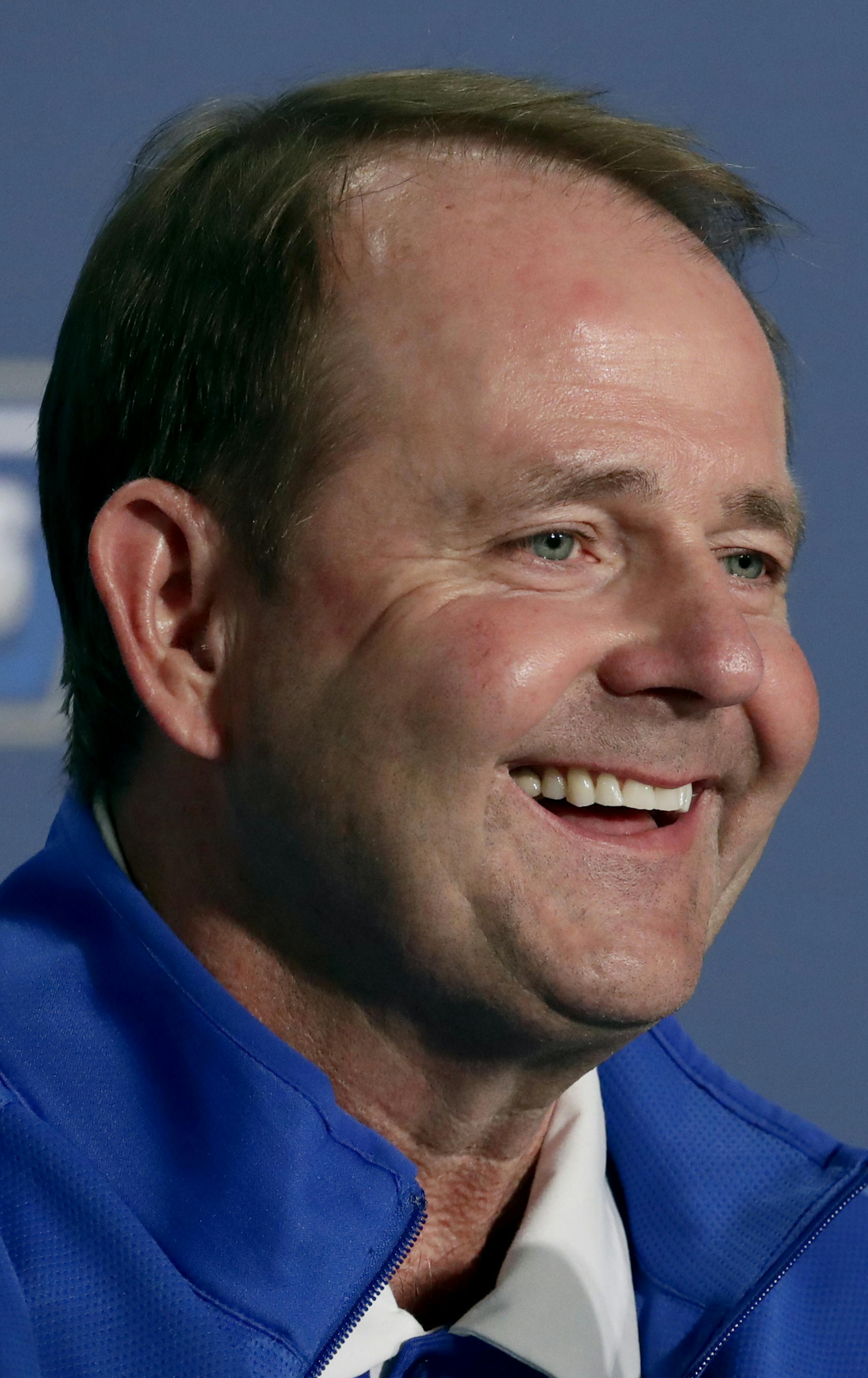 FILE - In this March 19, 2016, file photo, Middle Tennessee head coach Kermit Davis speaks to the media during a news conference ahead of a second-round men's college basketball game in the NCAA Tournament in St. Louis. The Blue Raiders are back in the tournament for second straight year with a gaudy 30-4 record featuring wins over two Southeastern Conference teams. (AP Photo/Charlie Riedel, File)