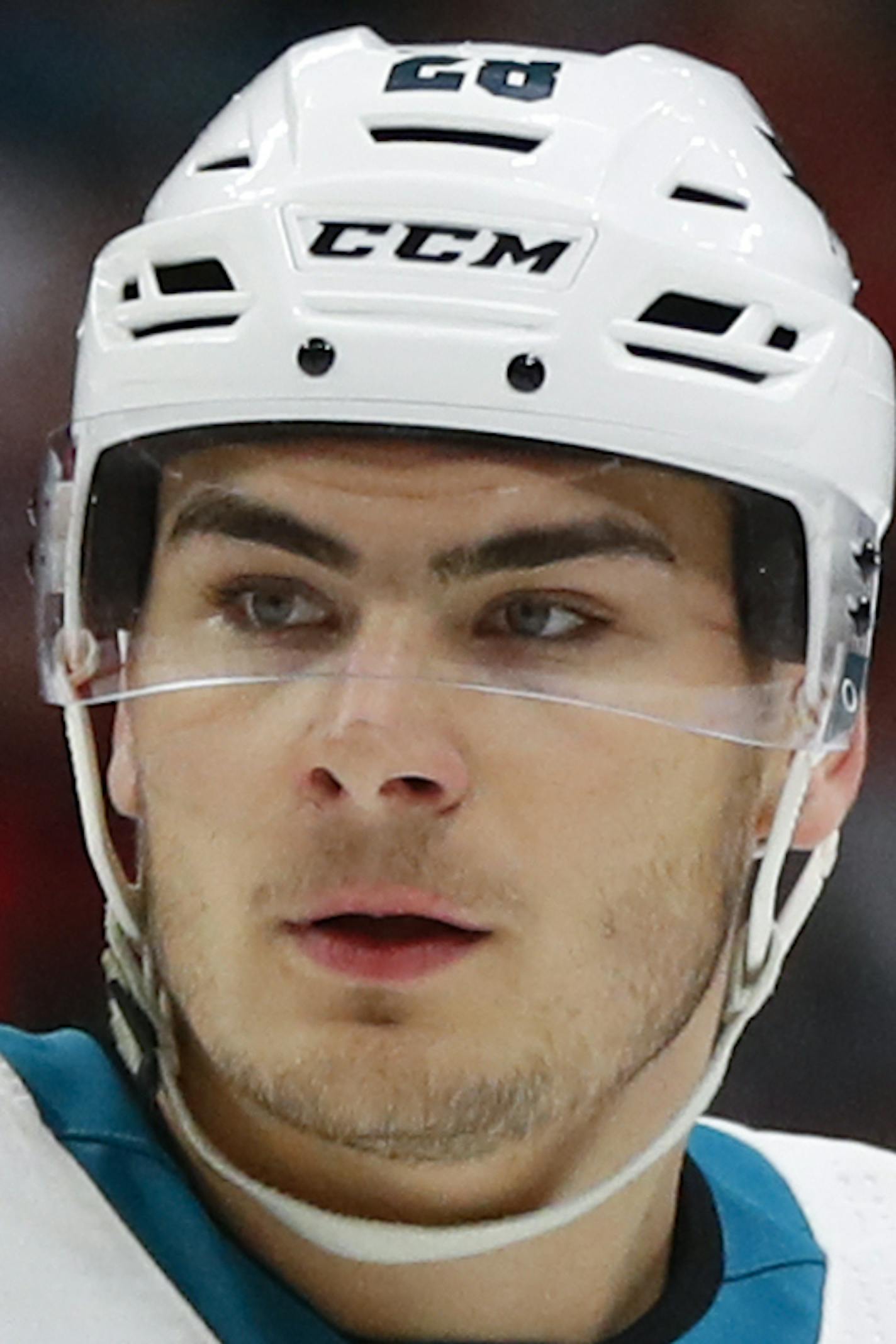 San Jose Sharks right wing Timo Meier (28) plays against the Detroit Red Wings in the first period of an NHL hockey game Sunday, Feb. 24, 2019, in Detroit. (AP Photo/Paul Sancya)