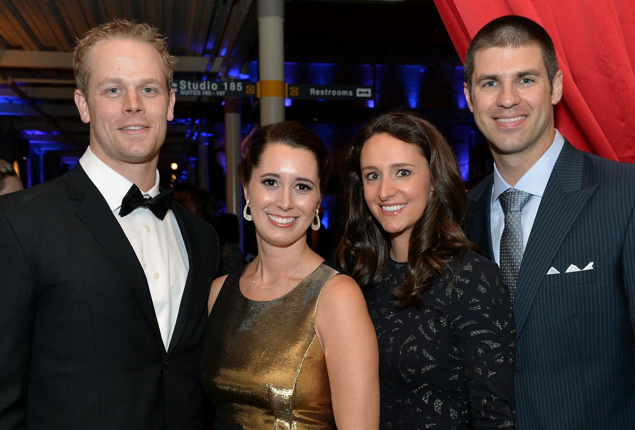 From left, Colorado Rockies' first baseman and co-host, Justin Morneau, Casino Night co-host and planning committee member, Krista Morneau , Maddie Mauer, and Twins' first baseman, Joe Mauer. ] (SPECIAL TO THE STAR TRIBUNE/BRE McGEE) **Justin Morneau (left, Colorado Rockies' fist baseman, co-host of Casino Night), Krista Morneau (center left, Casino Night co-host, planning committee member, Justin Morneau's wife), Maddie Mauer (center right, Joe Mauer's wife), Joe Mauer (right, Twins' first base