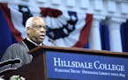 In a Saturday, May 14, 2016 photo, U.S. Supreme Court Associate Justice Clarence Thomas delivers the commencement address to the 2016 Hillsdale Colleg