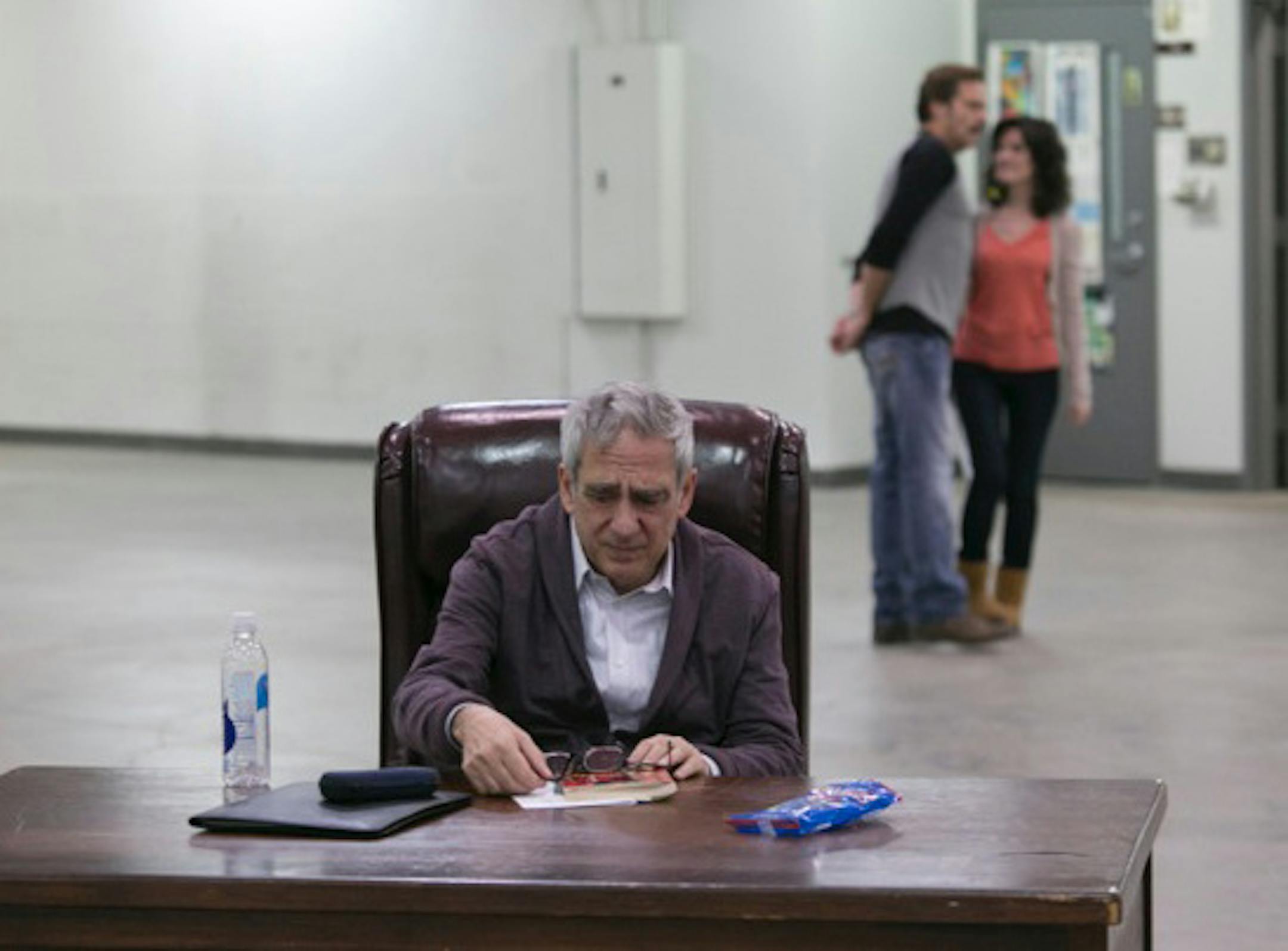 Robert Dorfman, Mark Benninghofen and Sara Marsh rehearsing "The Hothouse."