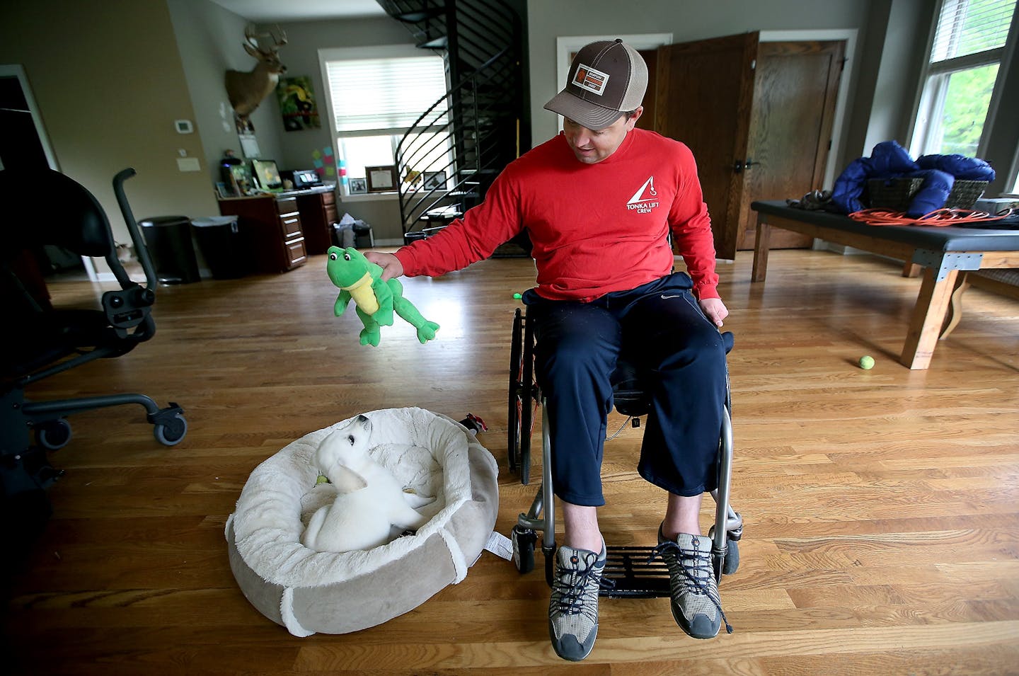 Ryan Neslund, a paraplegic man who fell through the ice on Lake Minnetonka last February, played with his new puppy "Ranger," Thursday, May 7, 2015 in Wayzata, MN. Nelson, who managed to swim out of his truck and get help, lost his dog "Balou" who was in the passenger seat and didn't make it out with him. He recently received a puppy from people who were touched by his story.