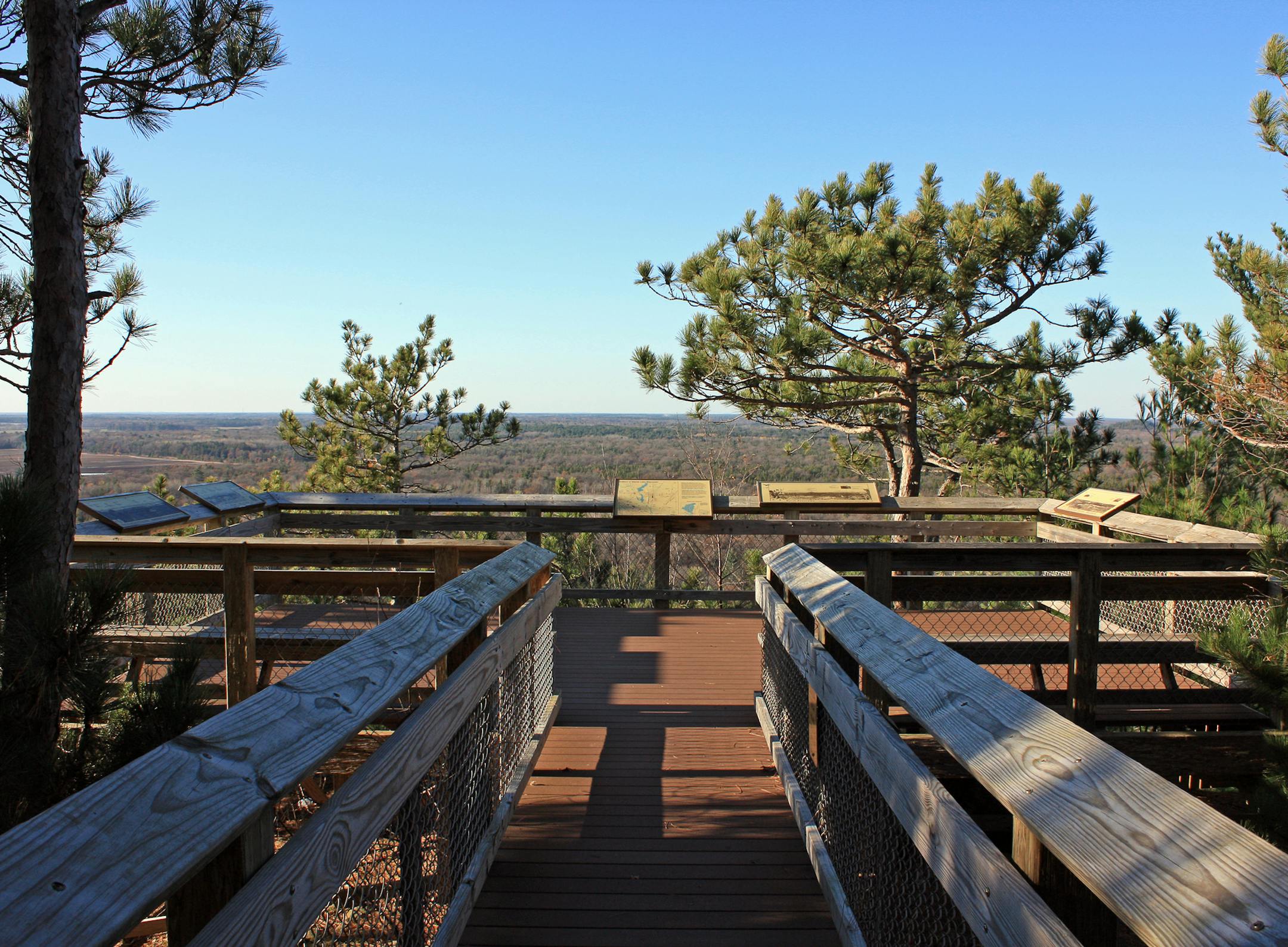 An observation deck at the top of Roche-A-Cri Mound provides sweeping views of the surrounding central Wisconsin countryside.