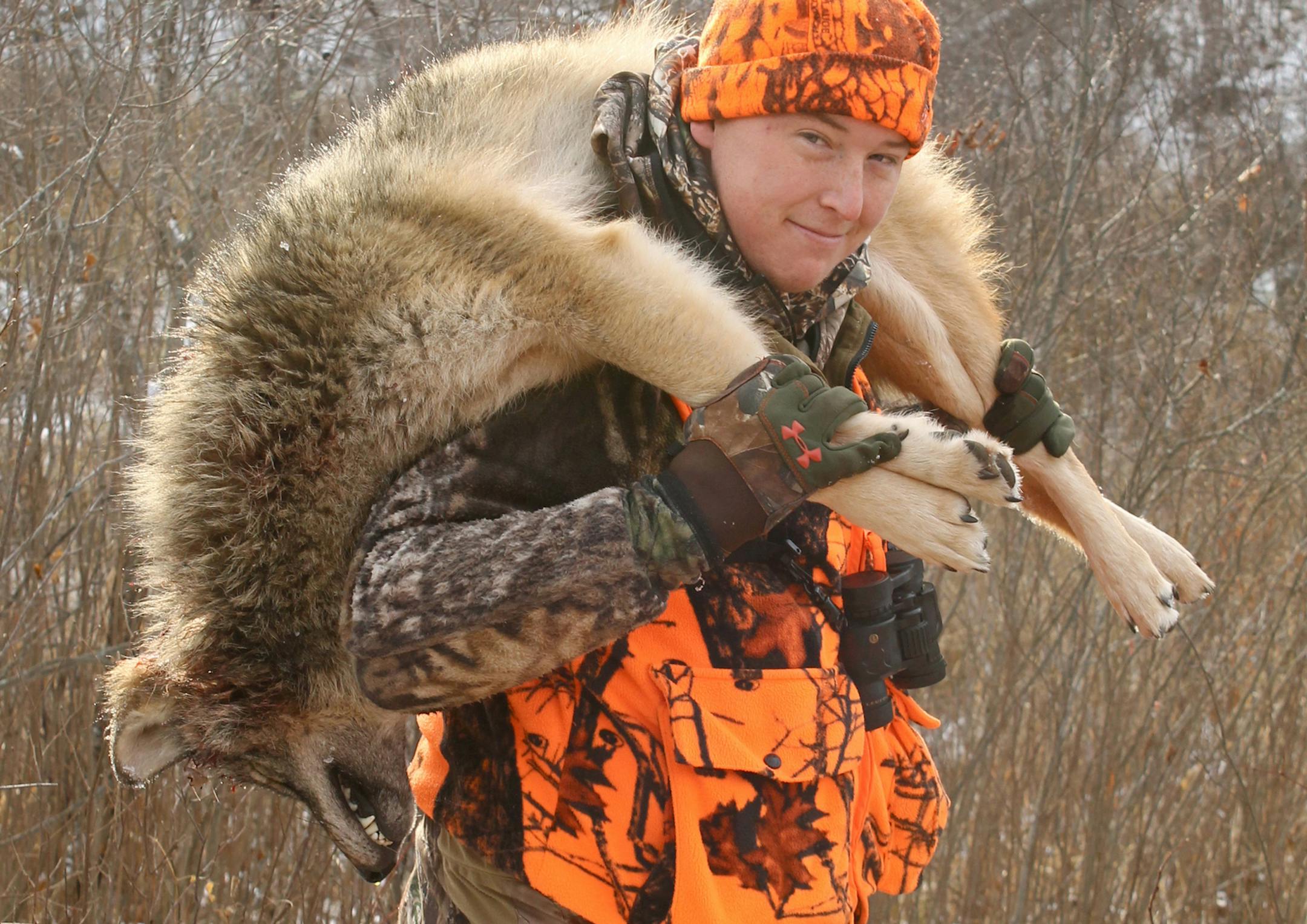 Andrew Seagren, 21, of Bemidji, carried the wolf he shot on the last day of Minnesota’s early wolf season. “I got lucky,” he said.