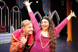 Neal Beckman (as Prince Dauntless) and Amanda Mai (as Princess Winnifred) rehearse for “Once Upon a Mattress” last week at Old Log Theatre in Exce