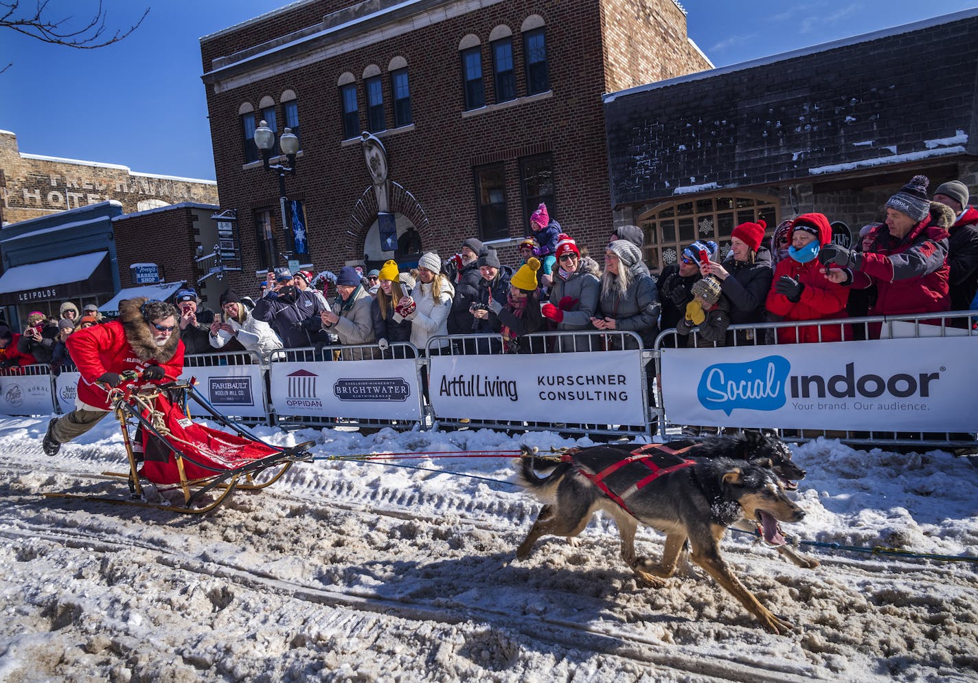 James Wheeler of Fairbanks, Alaska, was first to cross the finish line of the Klondike Dog Derby, though not necessarily the winner due to the staggered start.