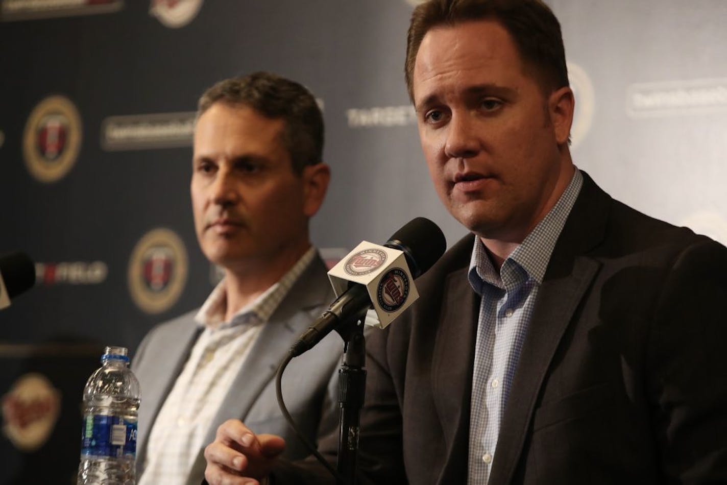 Chief Baseball Officer Derek Falvey right, and Senior Vice President, General Manager Thad Levine talked about former Twins manger Paul Molitor who was fired of after a losing season at Target Field Tuesday October 2, 2018 in Minneapolis, MN.