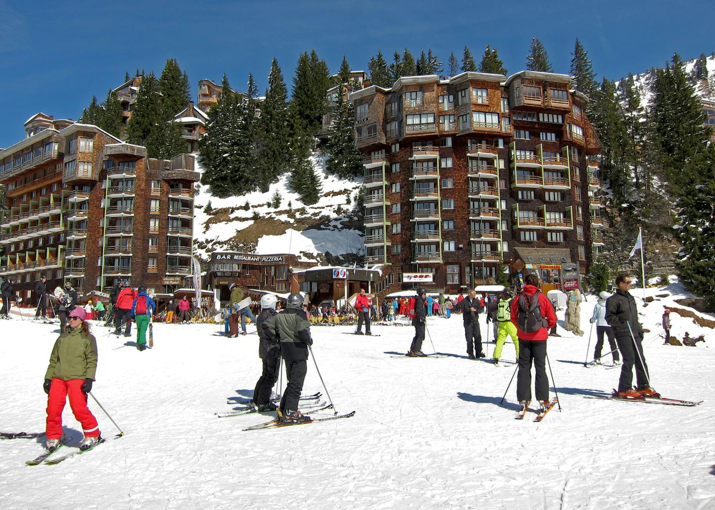 No cars are permitted in the French village Avoriaz, where ski trails serve as streets between the modernesque mountain high rises