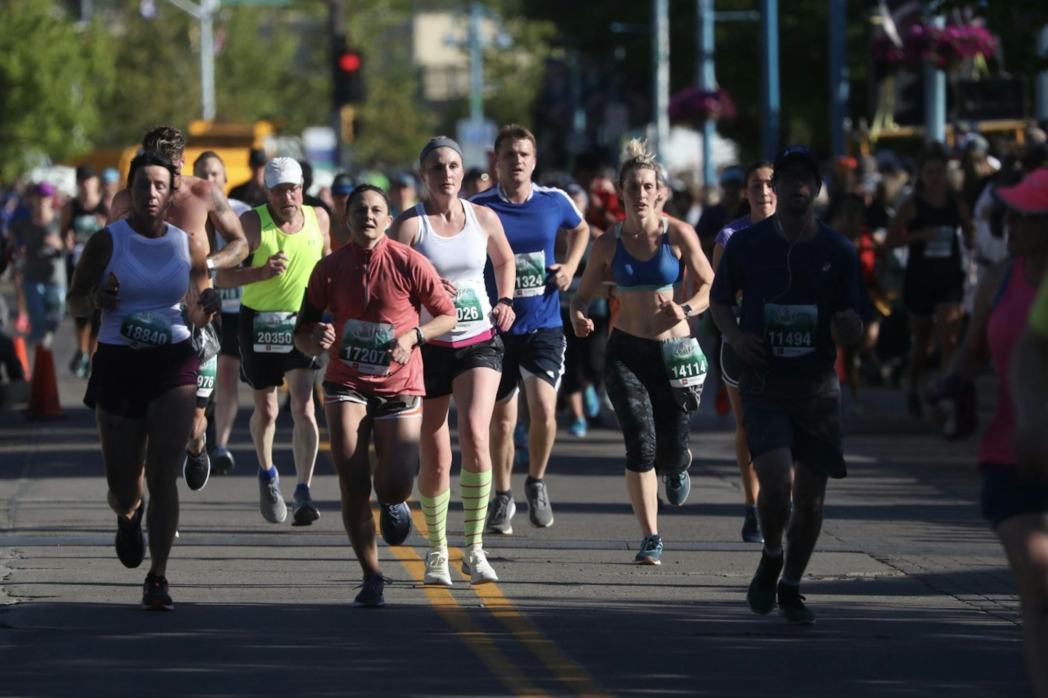 Runners approach the Garry Bjorklund Half Marathon finish line Saturday morning at Canal Park in Duluth.