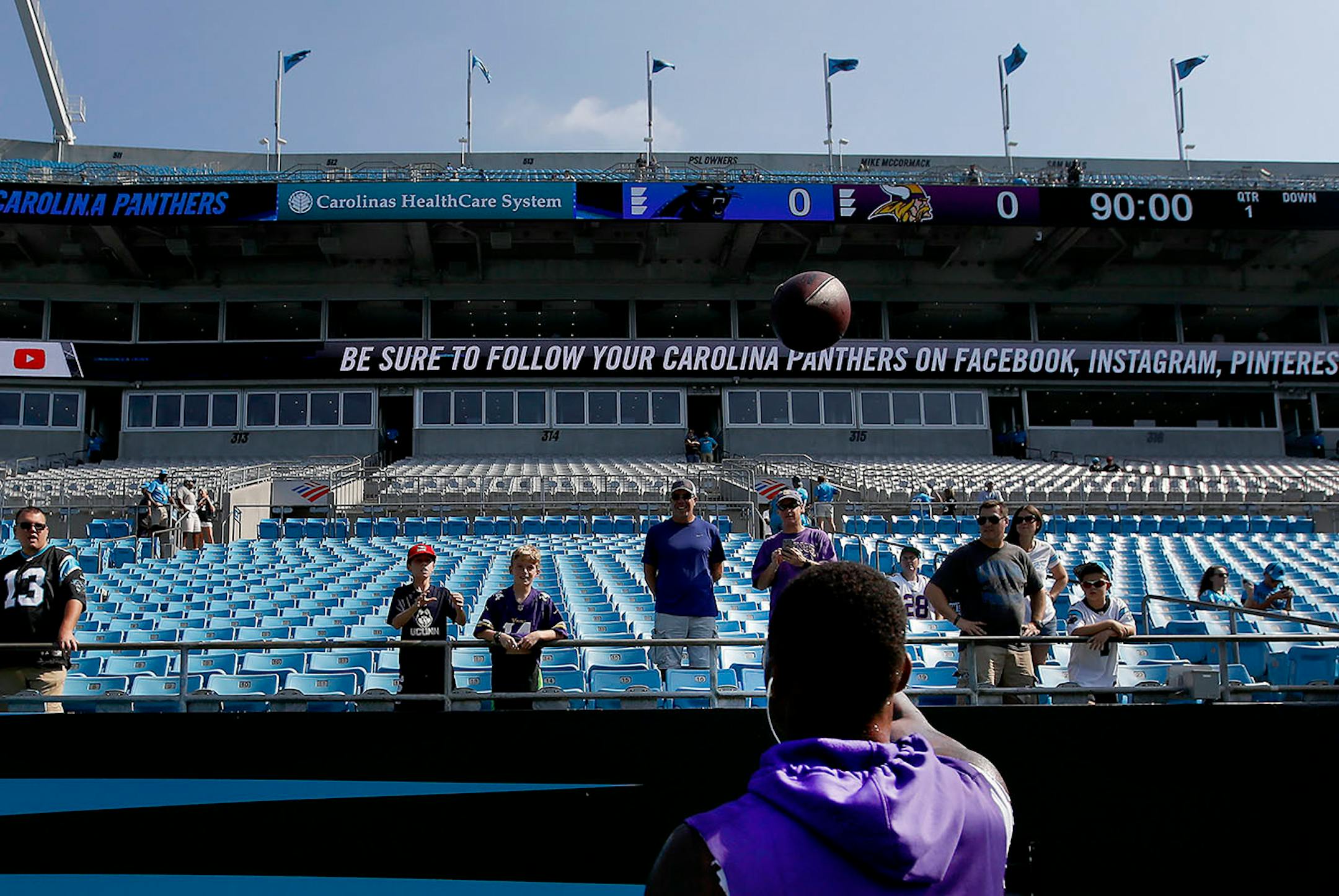 Minnesota Vikings receiver Stefon Diggs played catch with young fans in the stands during pregame warm ups.