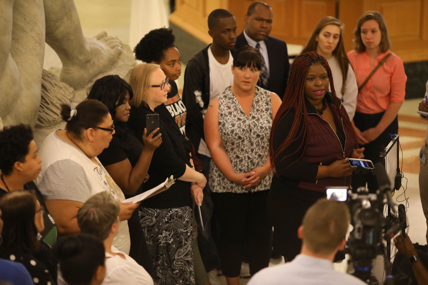 Attorney Nekima Levy-Pounds began the news conference with remarks condemning the use of ketamine under pressure from Minneapolis Police. ] JEFF WHEELER � jeff.wheeler@startribune.com Representatives from several organizations came together for a news conference to express outrage at reports of Minneapolis police officers pressuring medical personnel to administer the drug ketamine. The speakers gathered in the rotunda of Minneapolis City Hall Tuesday afternoon, June 19, 2018.