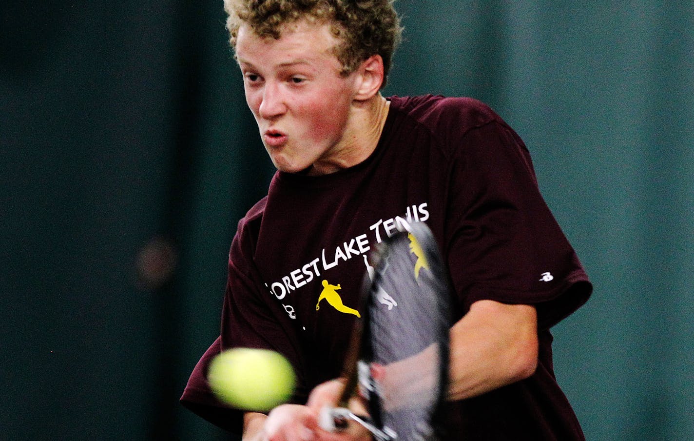 Toby Boyer of Forest Lake hits a backhand against Joel Richards of Minnetonka during the Class 2A individual tennis finals at the University of Minnesota's Baseline Tennis Center, Friday, June 7, 2013 in Minneapolis. (Genevieve Ross/Special to the Star Tribune) ORG XMIT: 03PREP060813.tennis