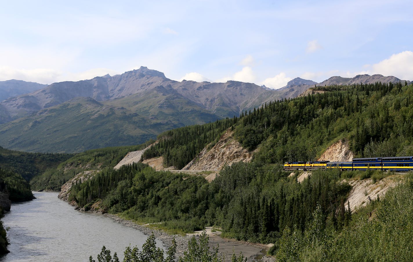 View of Alaska Railroad train between Fairbanks and Denali