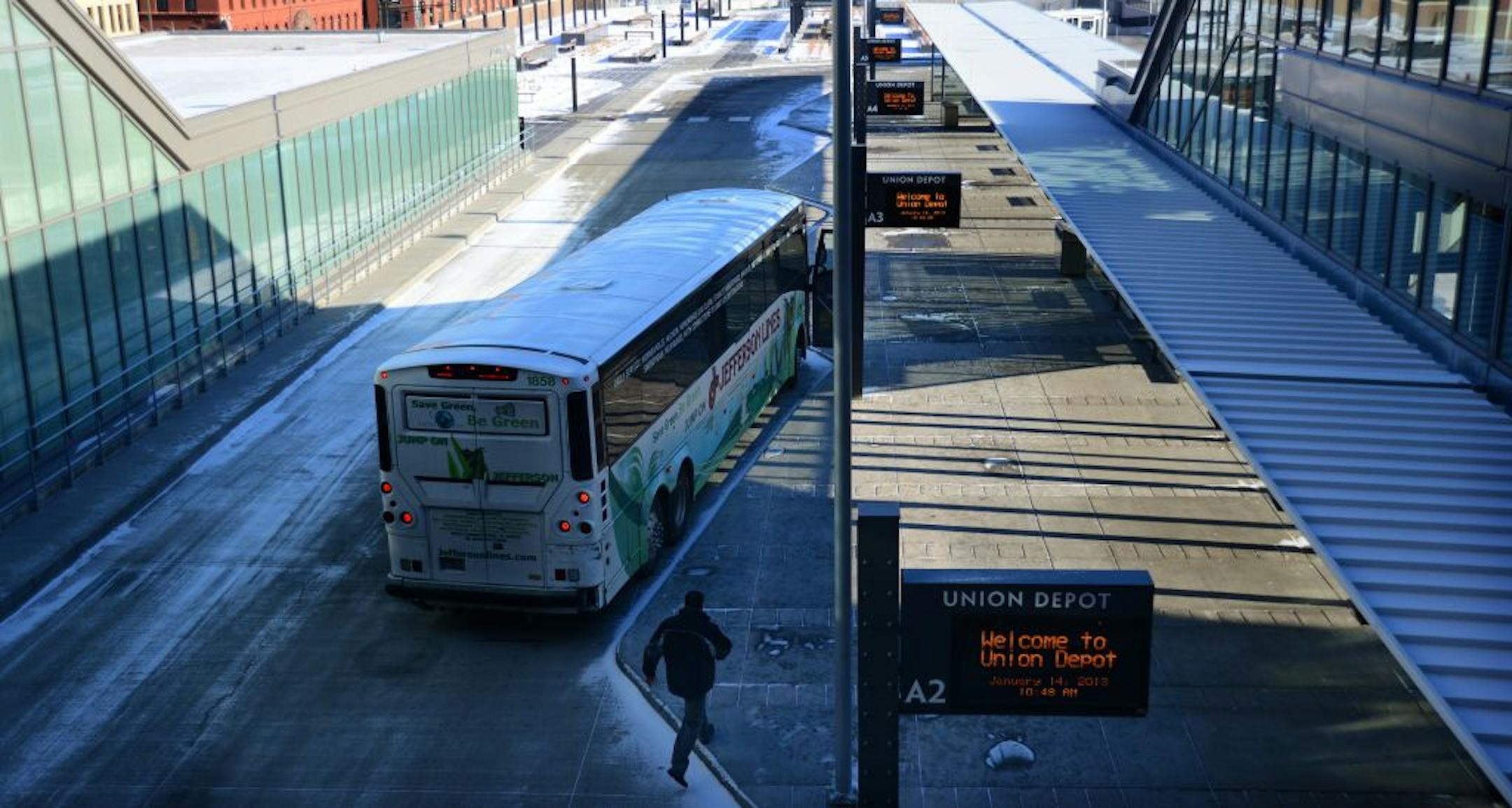 Monday was the first day of service for Jefferson Lines buses at the Union Depot in St. Paul, the carrier's new headquarters. The depot will also serve as the terminus for the Central Corridor light rail.