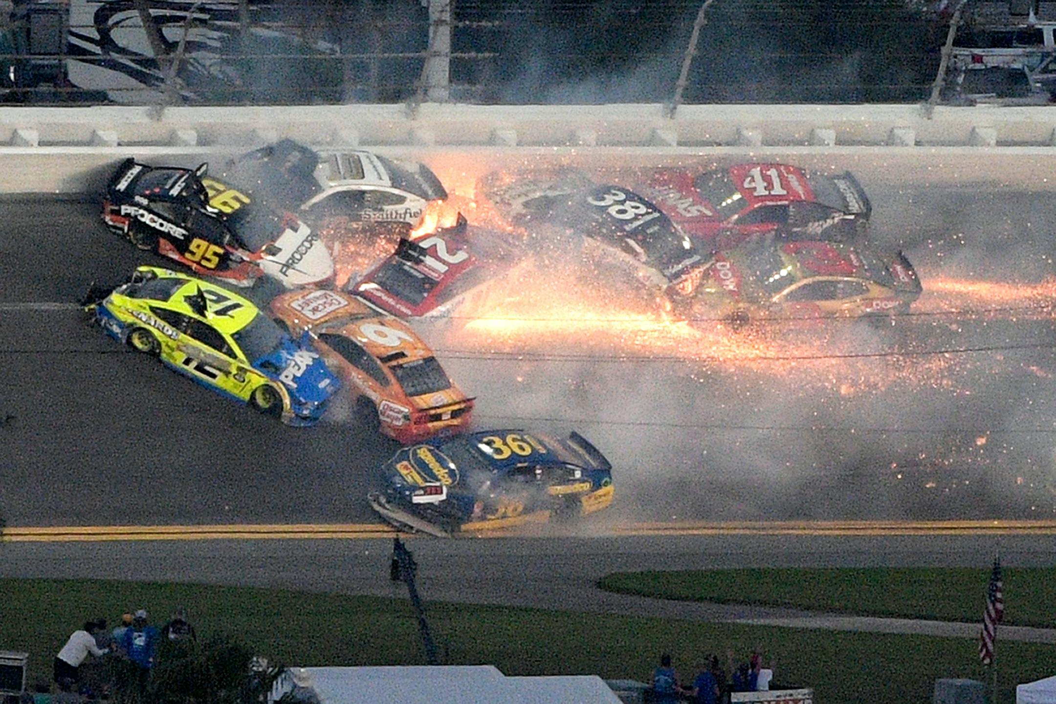Matt DiBenedetto (95), Ryan Blaney (12), Matt Tifft (36), Aric Almirola (10), Paul Menard (21), Ryan Newman (6), David Ragan (38), Daniel Suarez (41) and Austin Dillon (3) collided between Turns 3 and 4 during the Daytona 500 on Sunday.