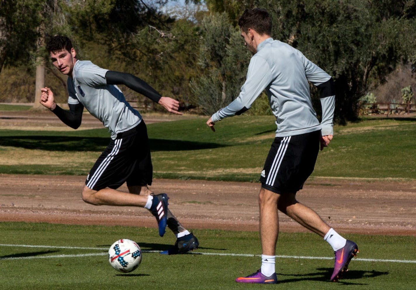 Minnesota United FC defender Joe Greenspan, left, during training camp.