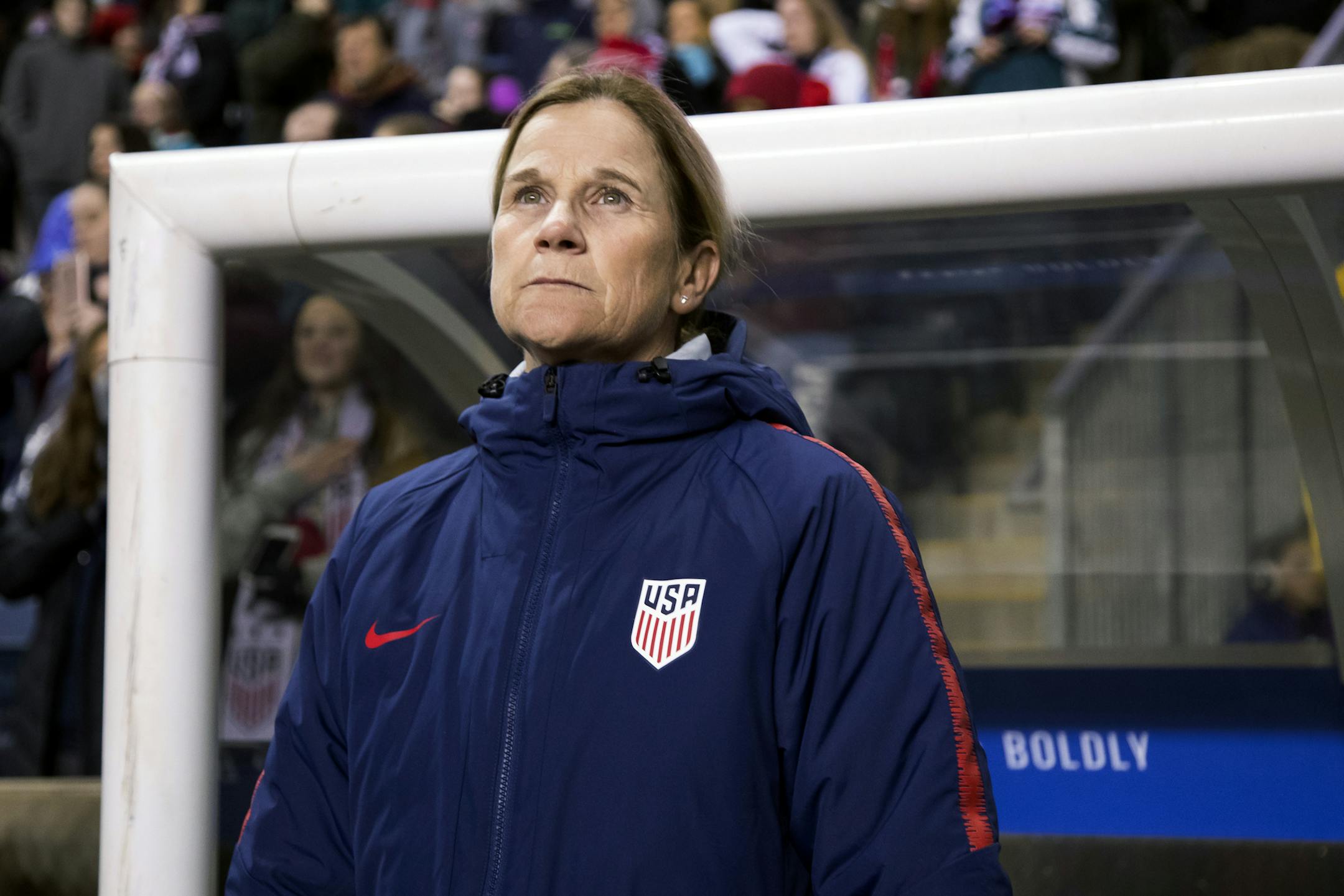 USA coach Jill Ellis look on before the first half of SheBelieves Cup soccer match against Japan on Feb. 27, 2019, in Chester, Pennsylvania.