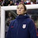 USA coach Jill Ellis look on before the first half of SheBelieves Cup soccer match against Japan on Feb. 27, 2019, in Chester, Pennsylvania.