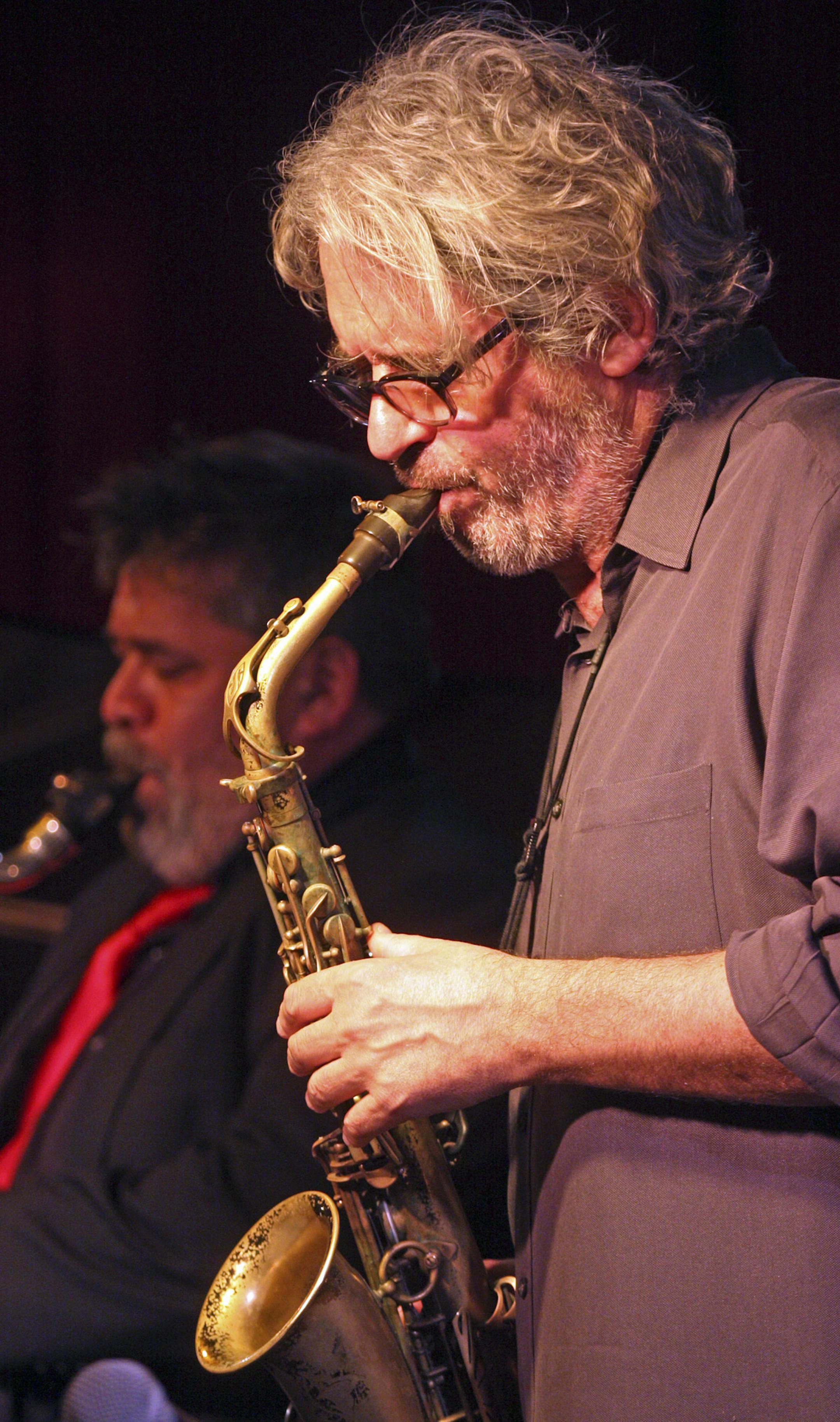 Tim Berne, right, and his band, Snakeoil, play at the Jazz Standard in New York, April 21, 2015. At 60, Berne is an acknowledged influence among composer-improvisers, drawn to the expressive commitment and lurching, contrapuntal force of his music. In the background is Snakeoil's clarinetist, Oscar Noriega. (Hiroyuki Ito/The New York Times)