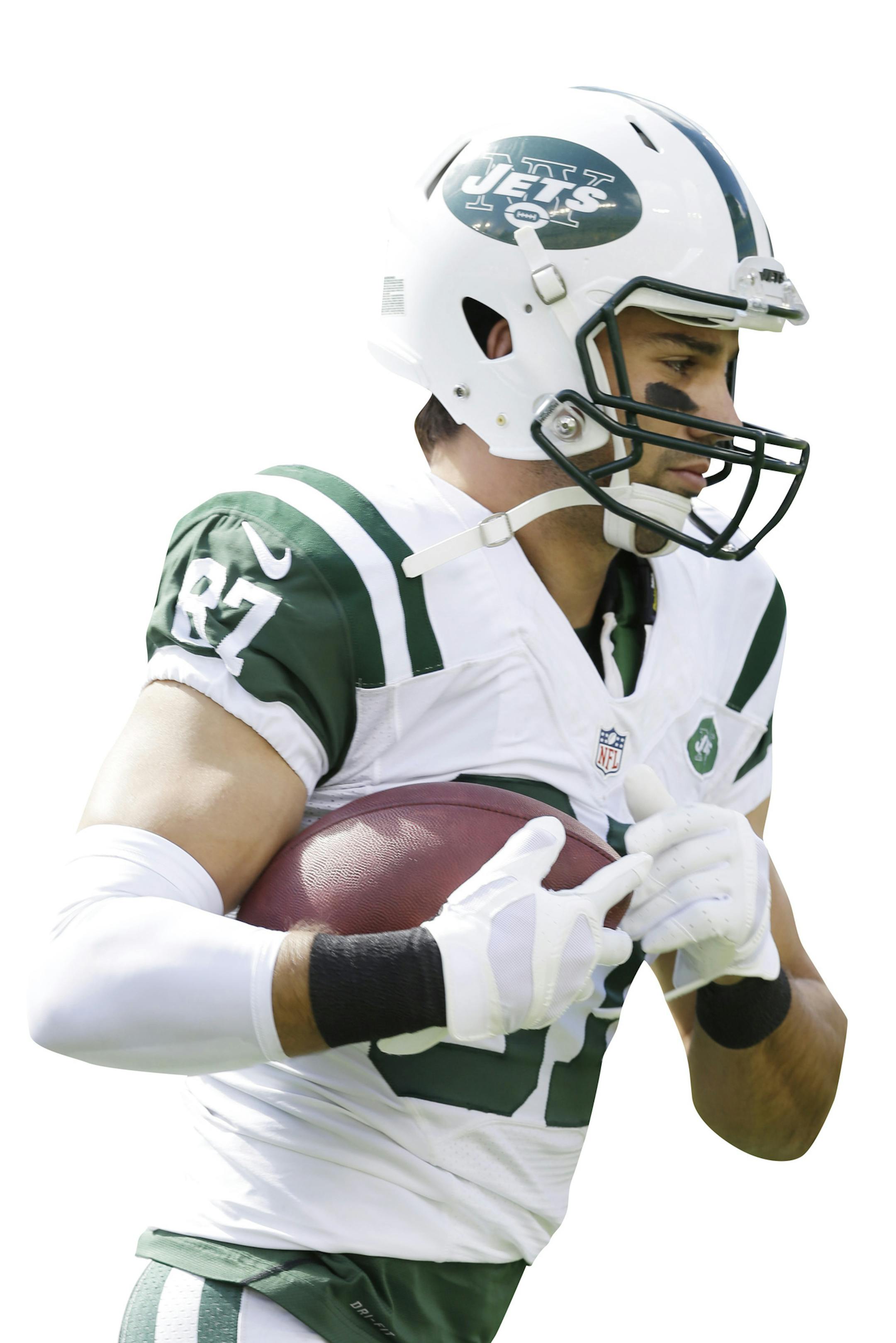 New York Jets' Eric Decker before an NFL football game against the Green Bay Packers Sunday, Sept. 14, 2014, in Green Bay, Wis. (AP Photo/Tom Lynn) ORG XMIT: WIMG1