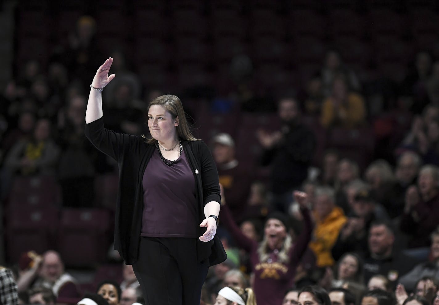 Minnesota Gophers head coach Lindsay Whalen directed her team in the first quarter against the Iowa Hawkeyes. ] Aaron Lavinsky &#x2022; aaron.lavinsky@startribune.com The Minnesota Gophers women's basketball team played the Iowa Hawkeyes on Thursday, Jan. 16, 2020 at Williams Arena in Minneapolis, Minn.