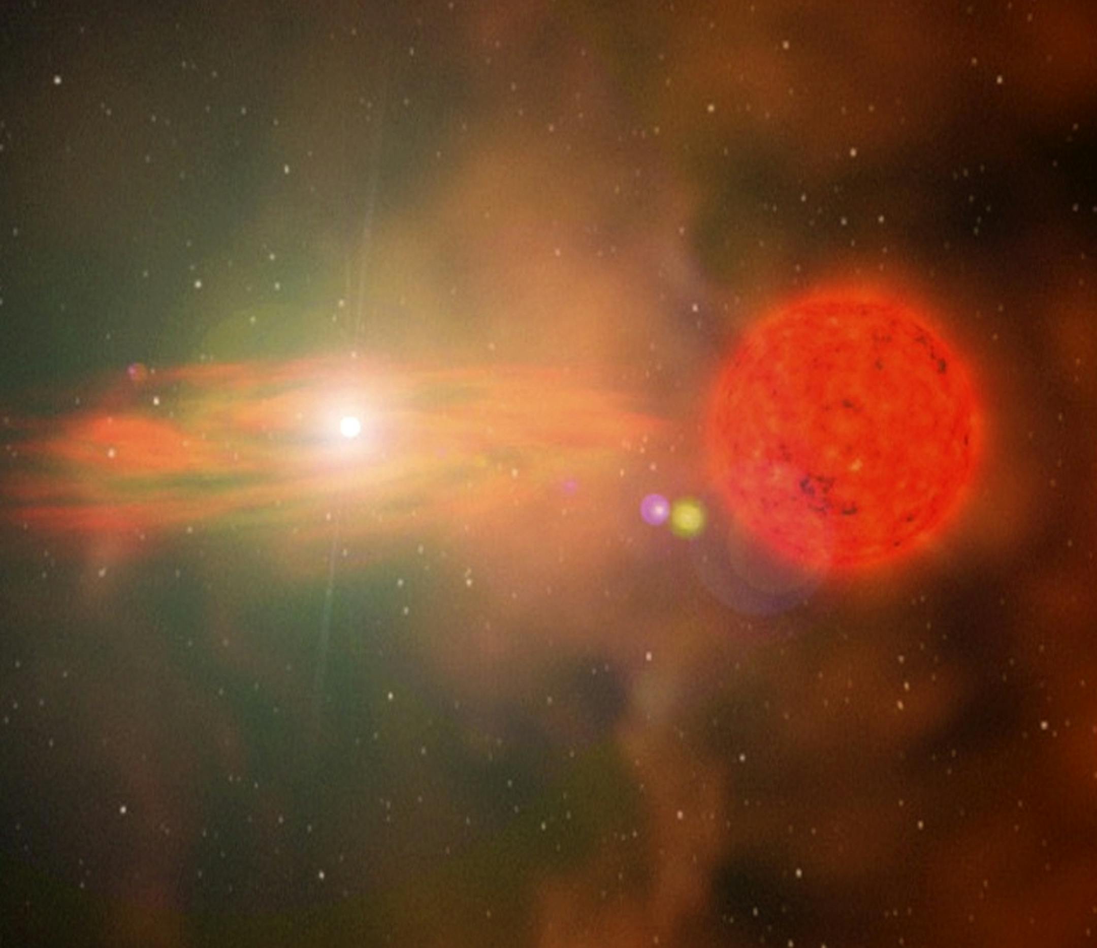 An undated handout photo of a white dwarf, left, fed by a red giant. Scientists studying a Type 1A supernova found it to be caused by a white dwarf absorbing gas from a nearby red giant. (Romano Corradi via The New York Times) -- NO SALES; FOR EDITORIAL USE ONLY WITH STORY SLUGGED SCI WATCH. ALL OTHER USE PROHIBITED. -- ORG XMIT: MIN2012082720425217