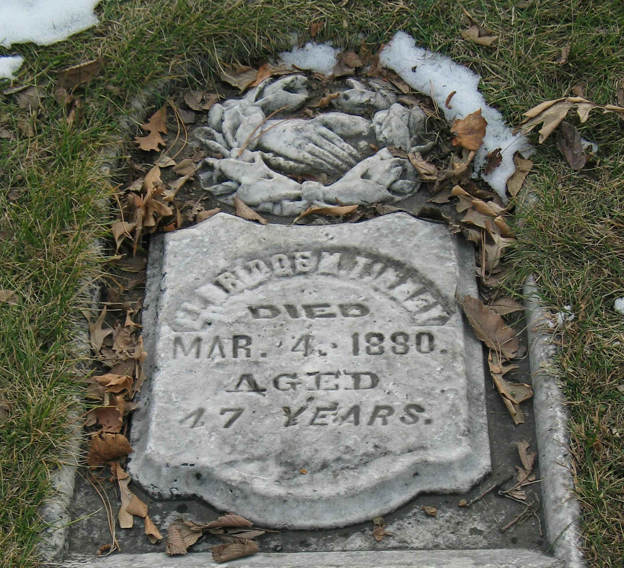 One of the remaining grave stones at an abandoned cemetery now part of Beltrami Park in Minneapolis.