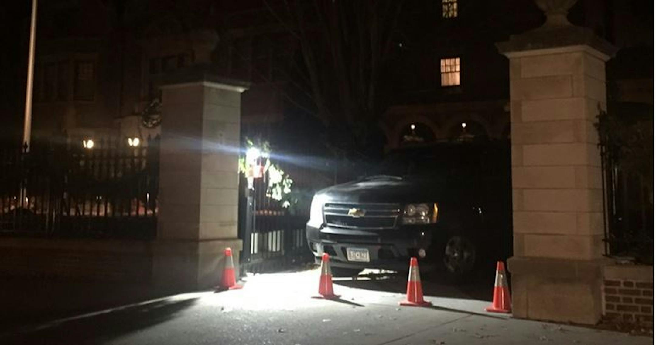 The entrance to Gov. Mark Dayton's residence on Sunday night. An SUV, not the one in this photo, struck the gate.