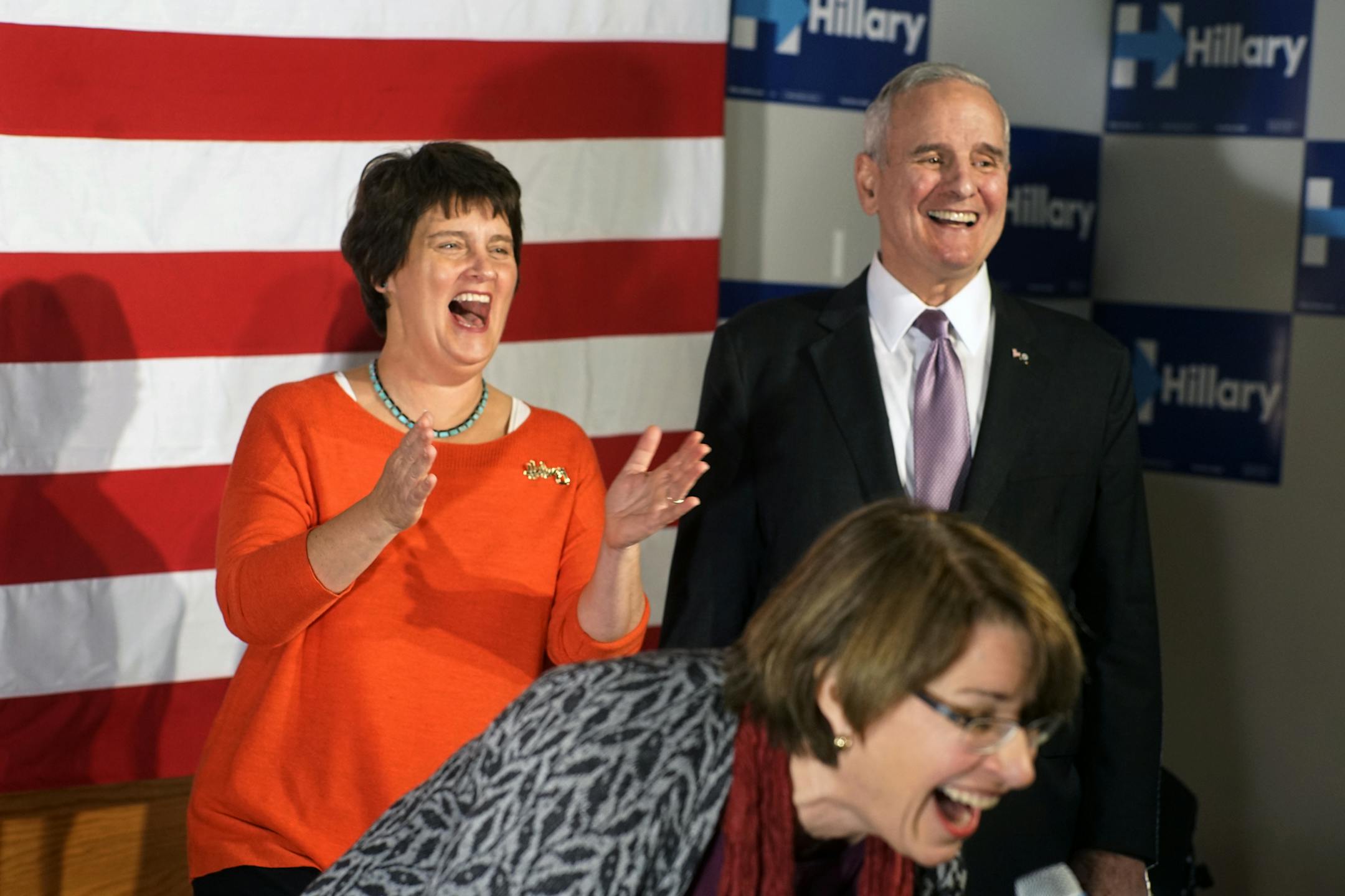 Senator Amy Klobuchar, with good humor, introduced Anne Holton who was standing next to Governor Mark Dayton.]Anne Holton, wife of Democratic vice presidential candidate nominee Senator Tim Kaine and former Virginia Secretary of Education, is campaigning at Big River Pizza in St. Paul for Hillary Clinton.Richard Tsong-Taatarii/rtsong-taatarii@startribune.com