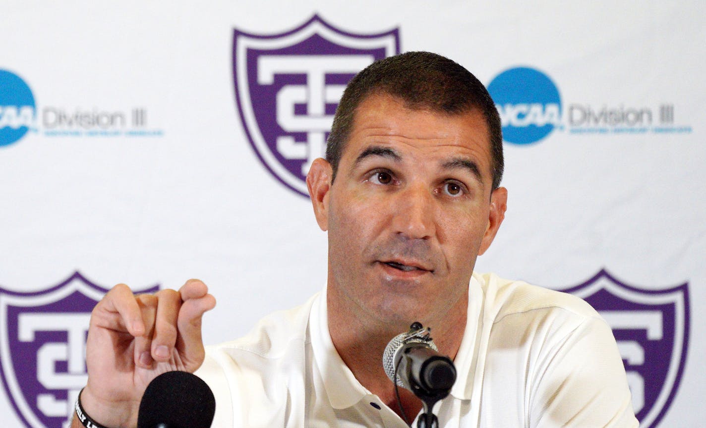 St. Thomas head football coach Glenn Caruso spoke during a press conference Tuesday. ] ANTHONY SOUFFLE &#x2022; anthony.souffle@startribune.com St. Thomas head football coach Glenn Caruso and players Luke Swenson and Elijah Rice gave a press conference, the first since they were kicked out of the MIAC, Tuesday, Aug. 13, 2019 at the Anderson Athletic and Recreation Complex on the grounds of St. Thomas University in St. Paul, Minn.