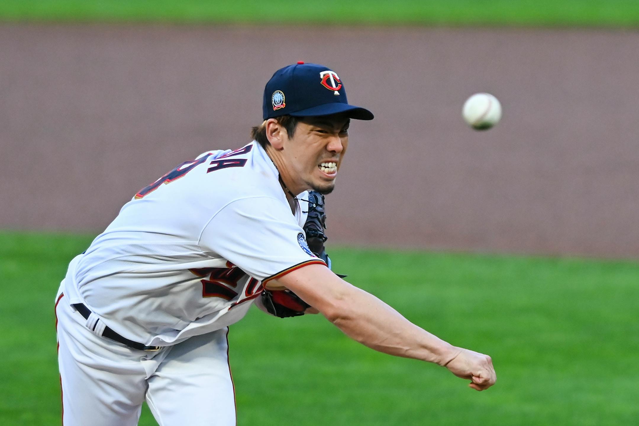 Minnesota Twins starting pitcher Kenta Maeda (18) threw a pitch against the Milwaukee Brewers in the top of the first inning.
