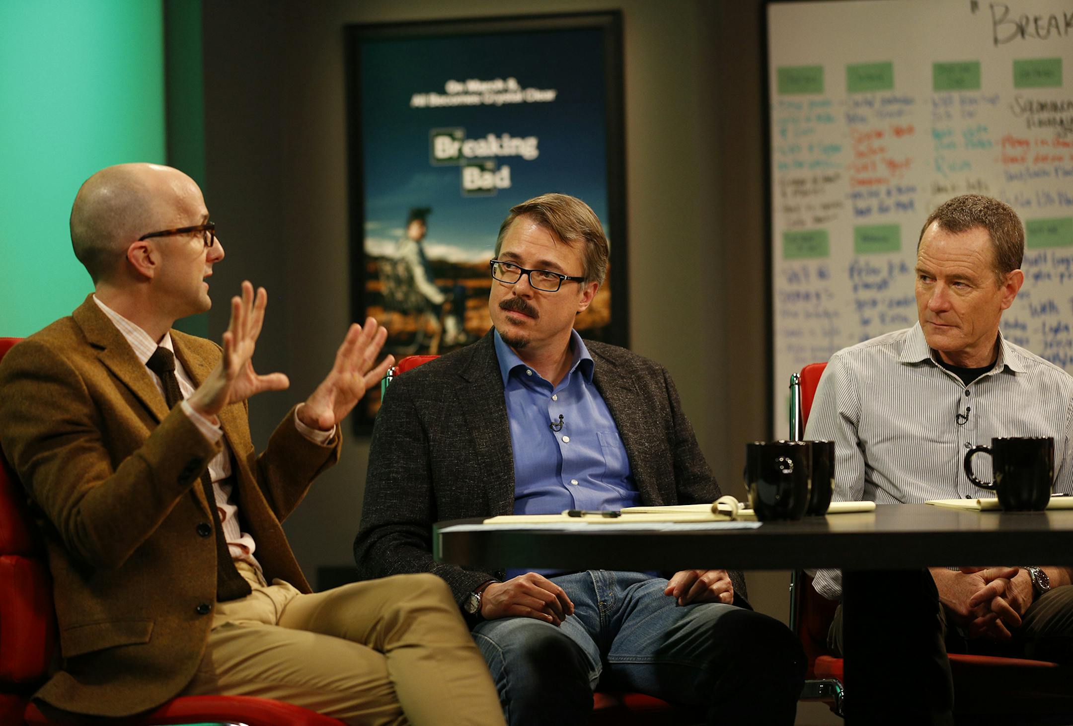 L to R, Jim Rash with Vince Gilligan and Bryan Cranston of "Breaking Bad" in the Sundance Channel original series "The Writers' Room" - Photo Credit: Mark Peterson