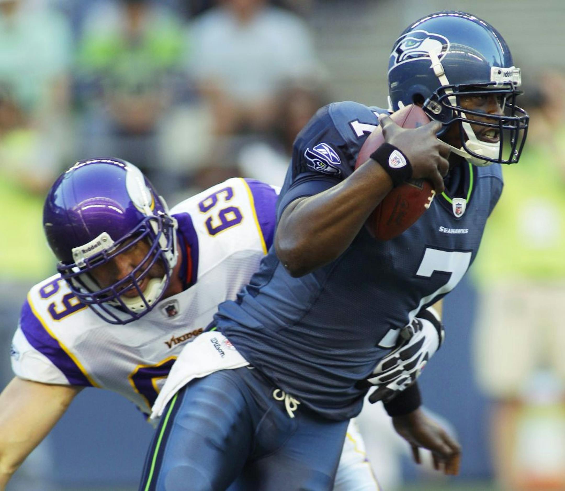 Vikings defensive end Jared Allen (left, pursuing Seahawks quarterback Tarvaris Jackson) left Kansas City on less than happy terms, but he thinks he'll have fun Sunday against the Chiefs.