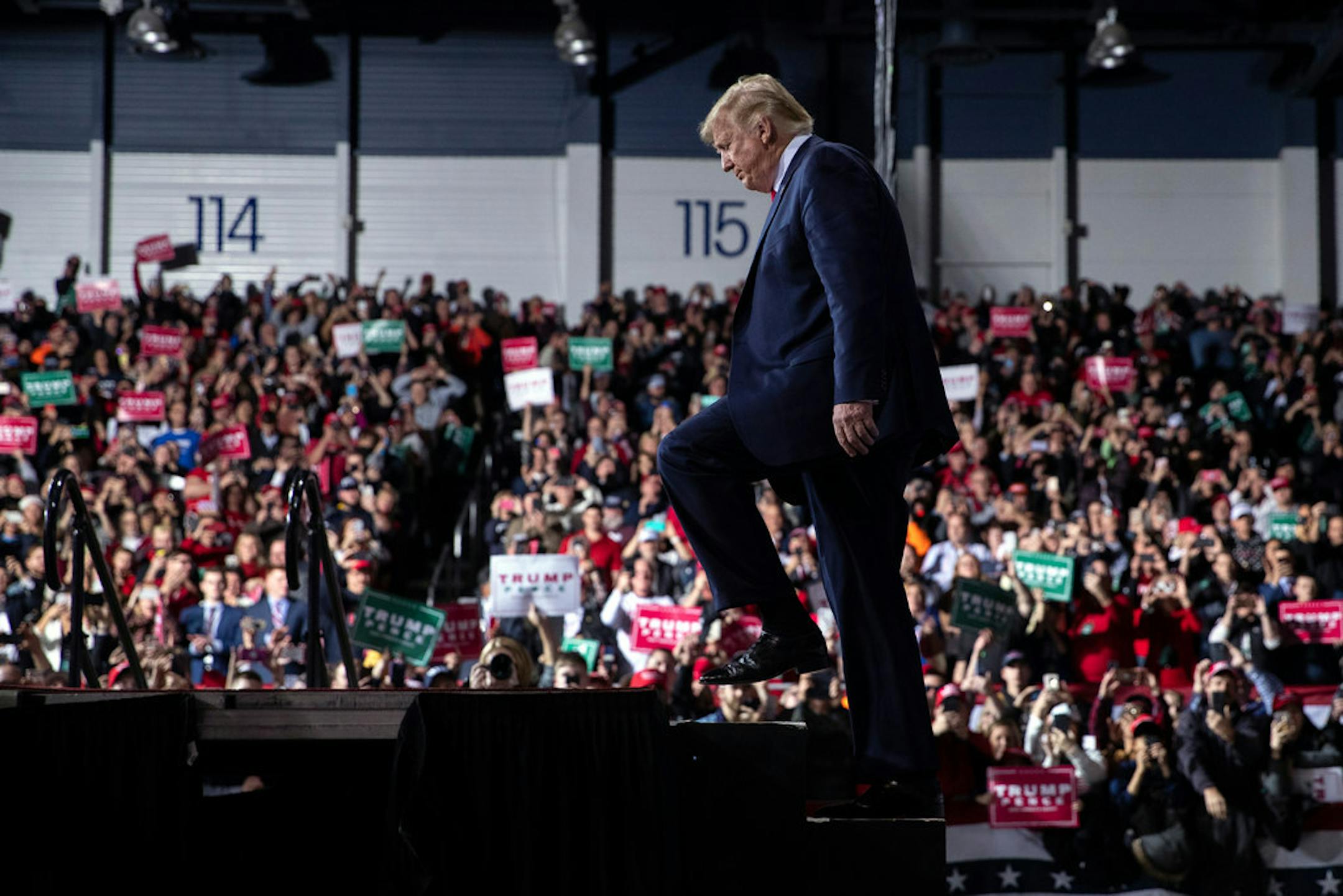 President Donald Trump arrives at W.K. Kellogg Airport to attend a campaign rally, Wednesday, Dec. 18, 2019, in Battle Creek, Mich.